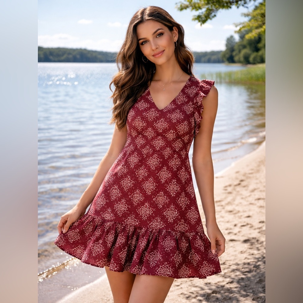 Woman’s Free the Roses' Red Floral Eyelet Ruffle Dress size small